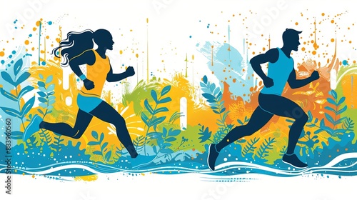 image in illustration style, Portrait of happy fit people running together ourdoors. Couple sport healthy lifetsyle concept photo