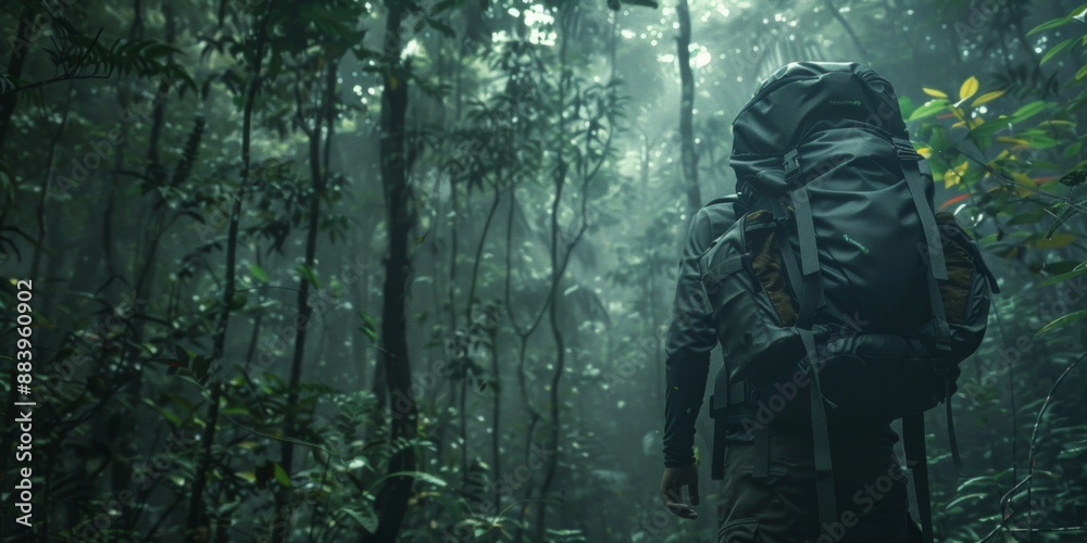 Fototapeta premium Hiker in a Misty Rainforest
