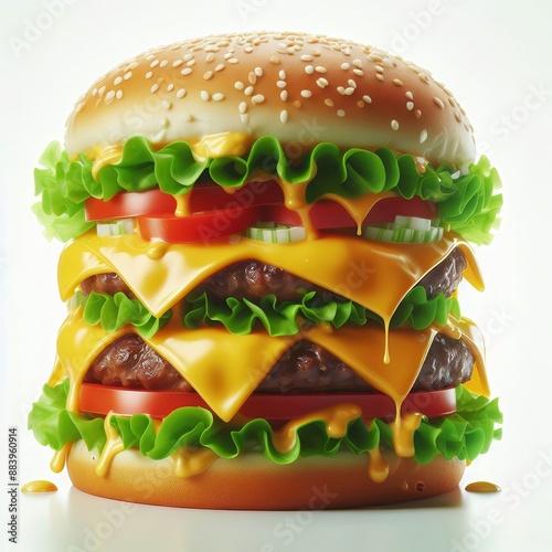 A high-quality image of a classic cheeseburger with layers of melted cheese, fresh lettuce, and tomato, set against a white background.