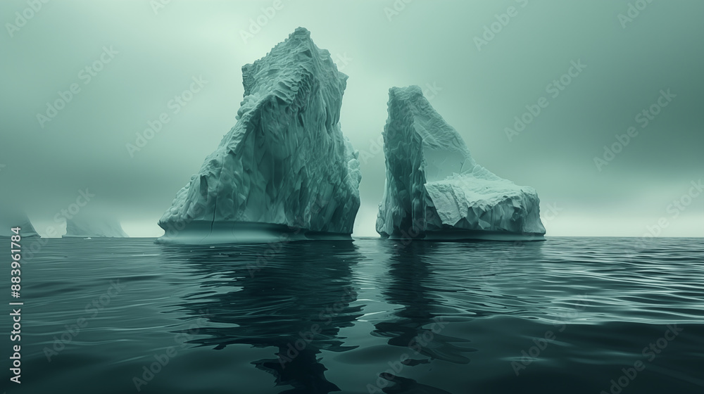 Massive icebergs floating in calm, misty arctic waters. Concept of climate change, global warming, and pristine wilderness. Massive icebergs floating in calm, misty arctic waters. Concept of climate change, global warming, and pristine wilderness.