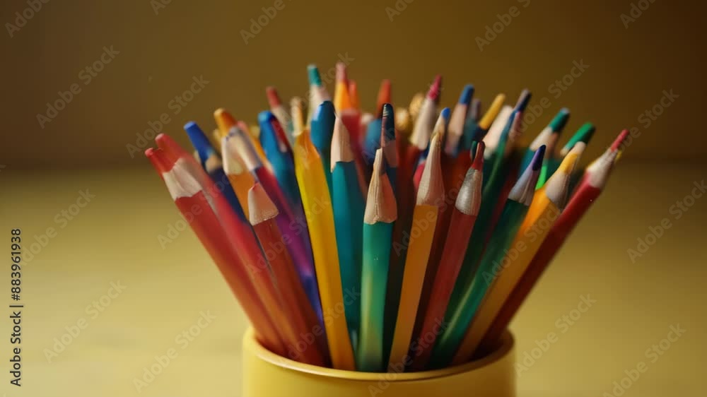 Set of colored pencils. close-up of sharpened colored pencils spinning in a circle. Sharply sharpened graphite pencils, slow motion, rotation. Back to school concept