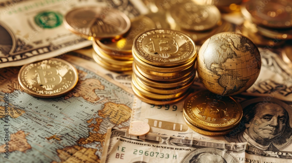 Stacks of Bitcoin coins and globe on dollar bills and world map Stacks of Bitcoin coins and globe on dollar bills and world map