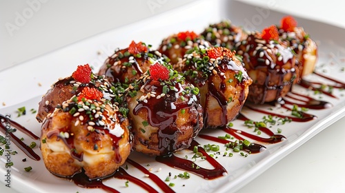 Takoyaki with accompaniments in a white plate, looks delicious on a clean white background, typical Japanese food.