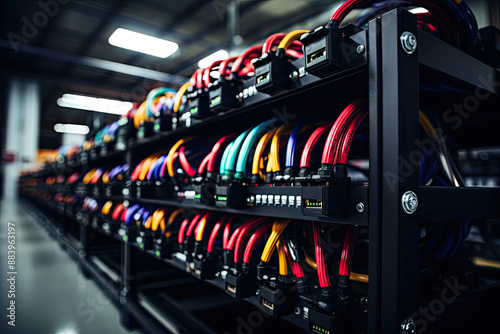 Close-up of an electrical, computer armored copper multi-core cable on a black background photo