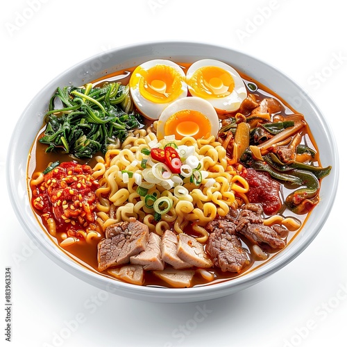 ramen with accompaniments in a white plate, looks delicious on a clean white background, typical korean food