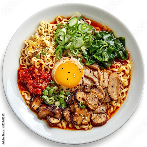 ramen with accompaniments in a white plate, looks delicious on a clean white background, typical korean food