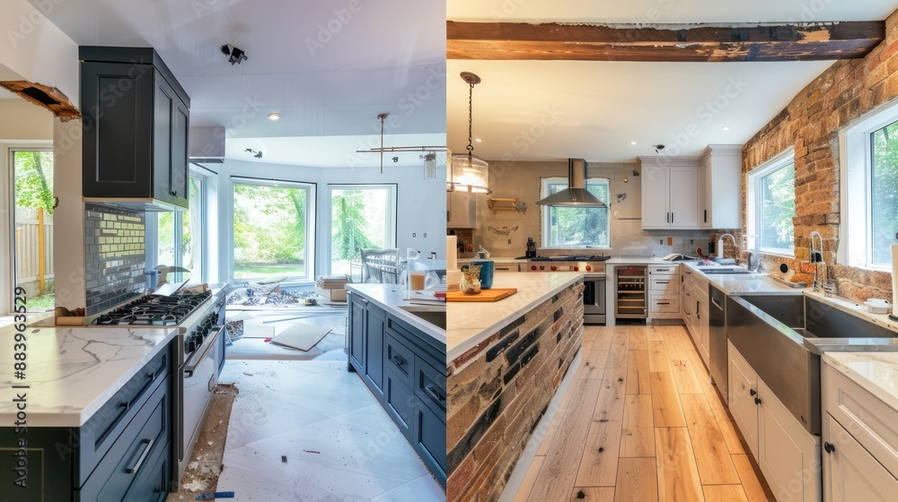 Before-and-after collage of a home renovation project transforming a kitchen. Before-and-after collage of a home renovation project transforming a kitchen.