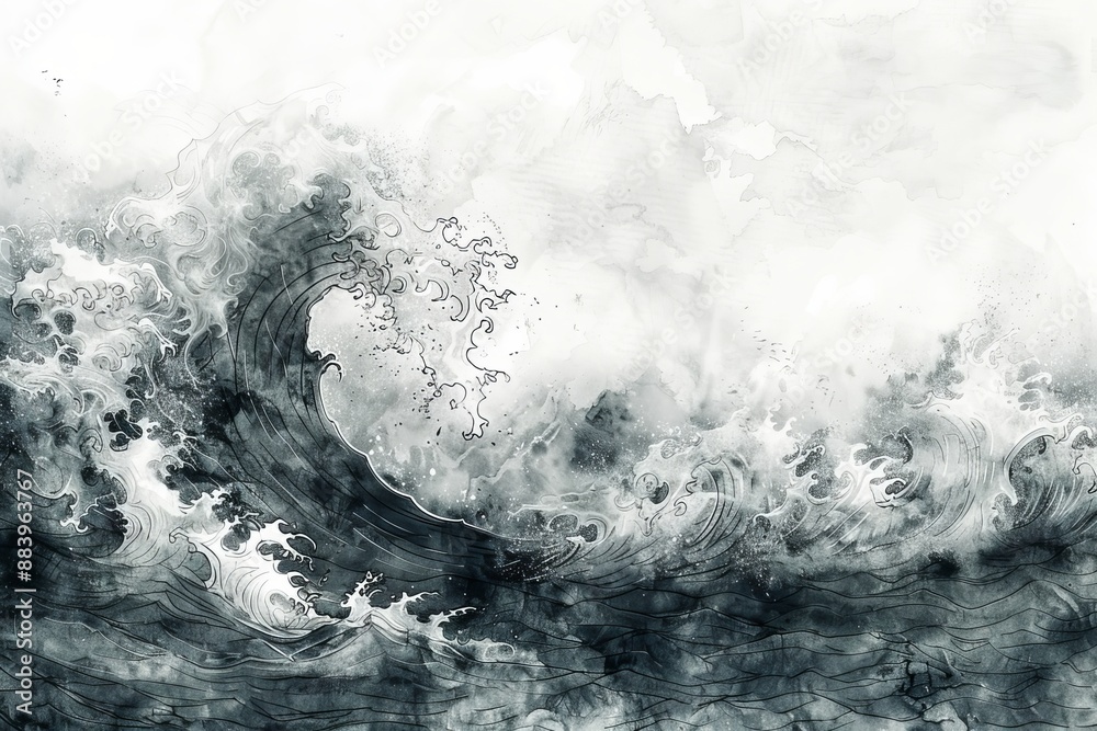 chinese wave illustration on white background, blank background, print drawing of water waves drifting up diagonally, rough print, dark watercolor, watercolor art, black and white 