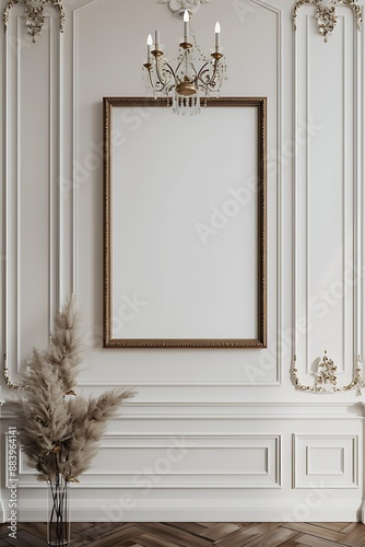 A blank image frame mockup on a white wall 