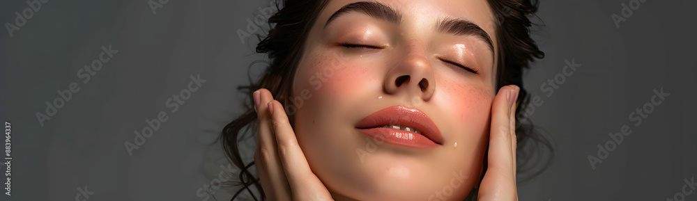 A captivating portrait featuring a woman modeling makeup, ideal for promoting face wash products, her hand delicately touching her fresh face. A captivating portrait featuring a woman modeling makeup, ideal for promoting face wash products, her hand delicately touching her fresh face.