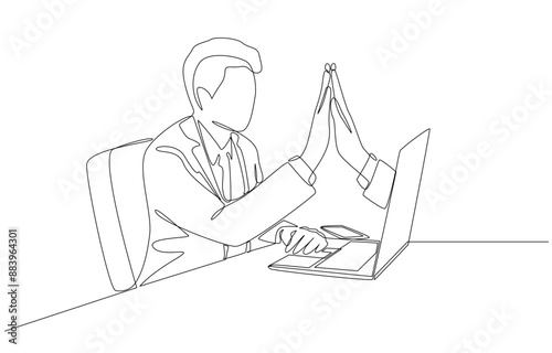 Continuous one line drawing of business colleagues giving high five through laptop screen, virtual high five gesture to agree to work together concept, single line art.