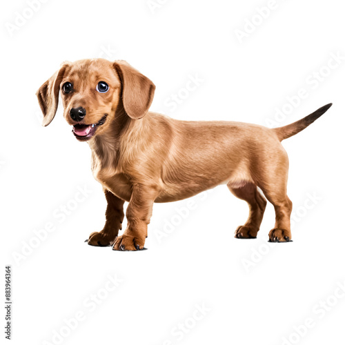 A happy dachshund puppy with big brown eyes, standing on its hind legs and looking directly at the camera with a playful expression.