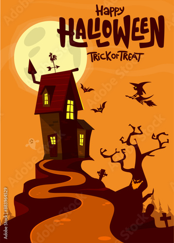 Halloween haunted house cartoon illustration. Vector horror scary mansion on the night background with moon. Party poster photo