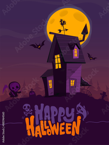 Halloween haunted house cartoon illustration. Vector horror scary mansion on the night background with moon. Party poster