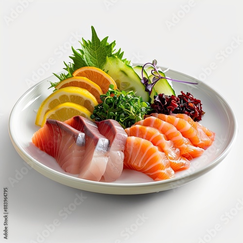 sashimi with accompaniments in a white plate, looks delicious on a clean white background, typical korean food