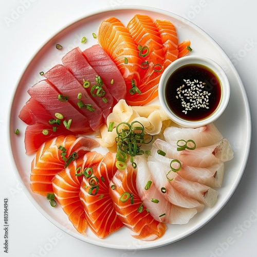 sashimi with accompaniments in a white plate, looks delicious on a clean white background, typical korean food
