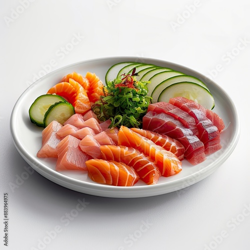 sashimi with accompaniments in a white plate, looks delicious on a clean white background, typical korean food