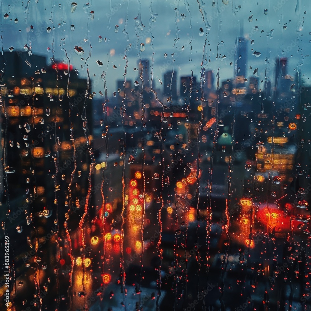 Fototapeta premium Cityscape Through a Rainy Window