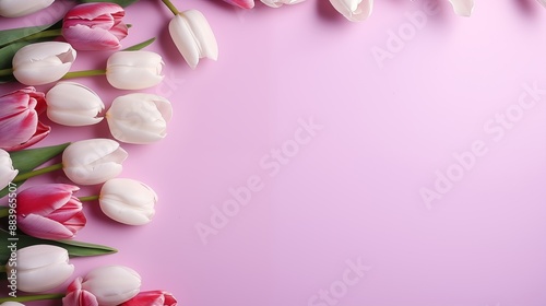 Beautiful arrangement of pink and white tulips on a light pink background