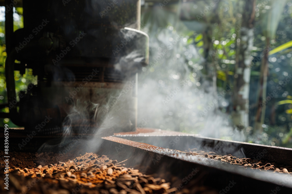 Steam rises from oil compressor processing fresh cinnamon harvest Steam rises from oil compressor processing fresh cinnamon harvest