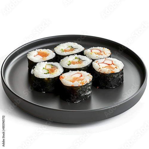 Sushi with accompaniments in a black plate, looks delicious on a clean white background, typical korean food