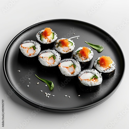 Sushi with accompaniments in a black plate, looks delicious on a clean white background, typical korean food