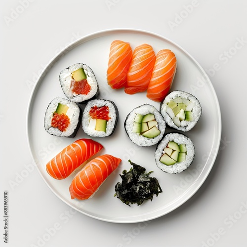 Sushi with accompaniments in a white plate, looks delicious on a clean white background, typical korean food
