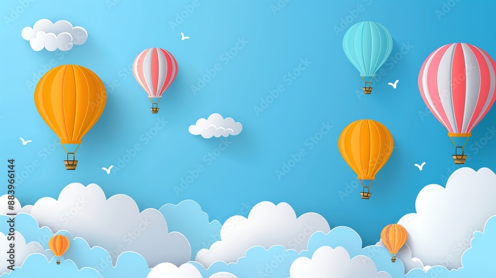 Fototapeta premium A paper craft style illustration of hot air balloons flying in a blue sky with white clouds.