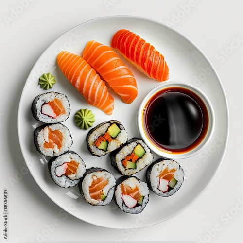 Sushi with accompaniments in a white plate, looks delicious on a clean white background, typical korean food