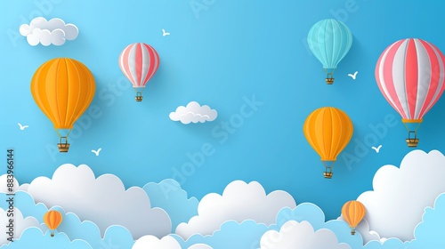 Wallpaper Mural A paper craft style illustration of hot air balloons flying in a blue sky with white clouds. Torontodigital.ca