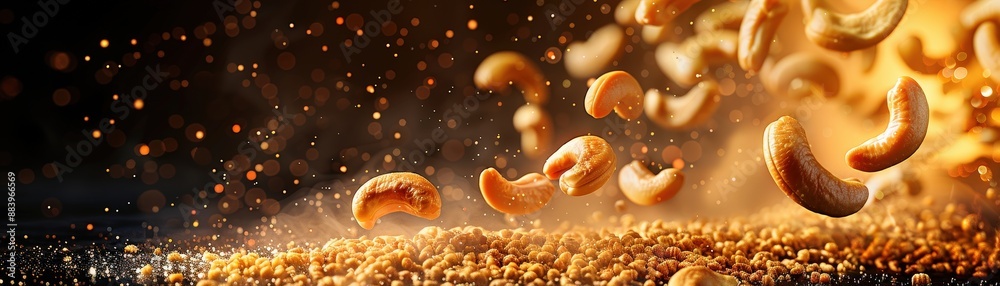 Dynamic Close-Up of Cashew Nuts in Motion with Golden Crumbs and Sparkling Background Dynamic Close-Up of Cashew Nuts in Motion with Golden Crumbs and Sparkling Background