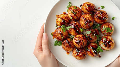 Takoyaki with accompaniments in a white plate, looks delicious on a clean white background, typical Japanese food