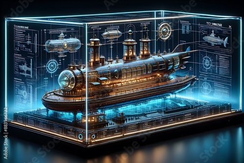 Steampunk Submarine in Display Case. Generative Ai photo