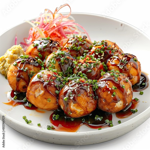 Takoyaki with accompaniments in a white plate, looks delicious on a clean white background, typical Japanese food