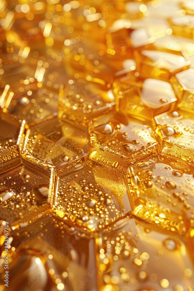 Close-Up of Golden Honeycomb with Glowing Honey and Bubbles in a Warm Light Close-Up of Golden Honeycomb with Glowing Honey and Bubbles in a Warm Light