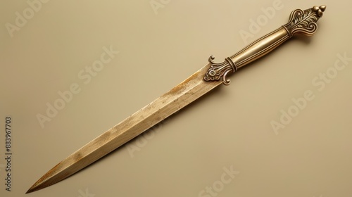 A silver dagger with an ornate handle and a sharp blade, resting on a white surface.