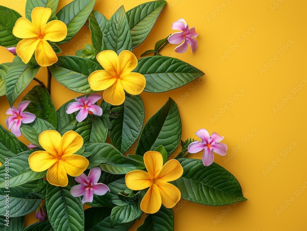Obraz premium Aromatic Yellow Flower Bouquet with Pink Blooms and Green Leaves