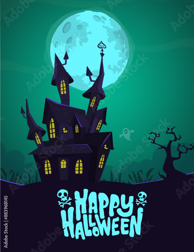 Halloween haunted house cartoon illustration. Vector horror scary mansion on the night background with moon. Party poster
