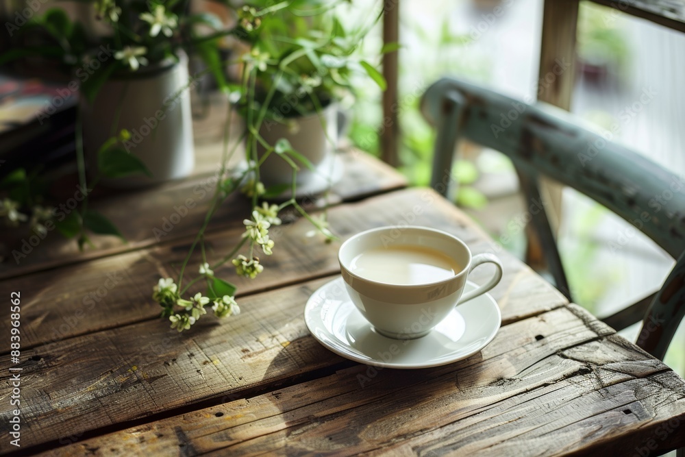 Inviting green tea latte on rustic wooden table for a calming and enjoyable break Inviting green tea latte on rustic wooden table for a calming and enjoyable break