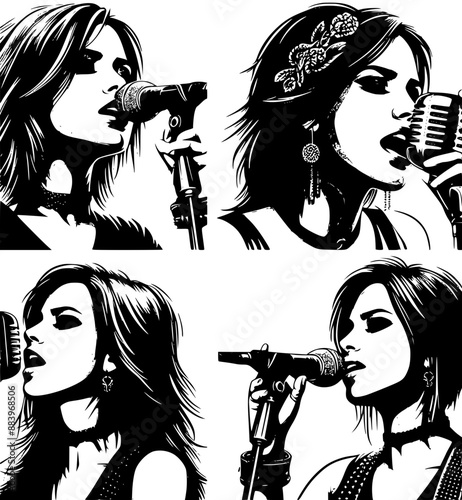 Set of four vector drawings of a woman singing with a microphone