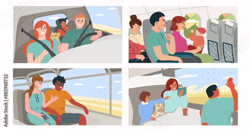 Happy people traveling in planes, trains and buses, looking outside windows at sceneries, landscapes. Scenes with passengers in transport. Tourism concept. Colored flat graphic vector illustration.