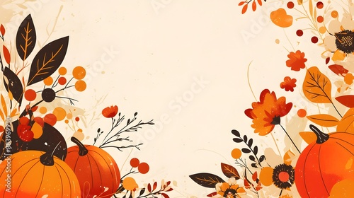 frame background for an autumn greeting card full of orange and yellow flowers, and orange and brown pumpkins