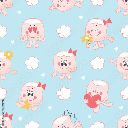 Marshmallow seamless pattern. Funny marshmallows kids fabric print design. Sweet dessert candies characters. Wrapping or background nowaday vector template