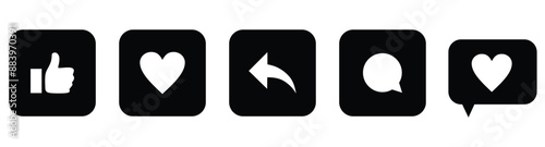 Like, comment, share icon buttons and Thumbs up and love heart flat Black icon in modern speech bubble shapes , Social media notification icons. emoji post reactions set. Vector illustration