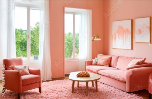 peach interior, peach pastel room, with sofa, peach fluffy carpet on the floor, coffee table, homeplants, peach paintings, morning, sun rays from the window photo