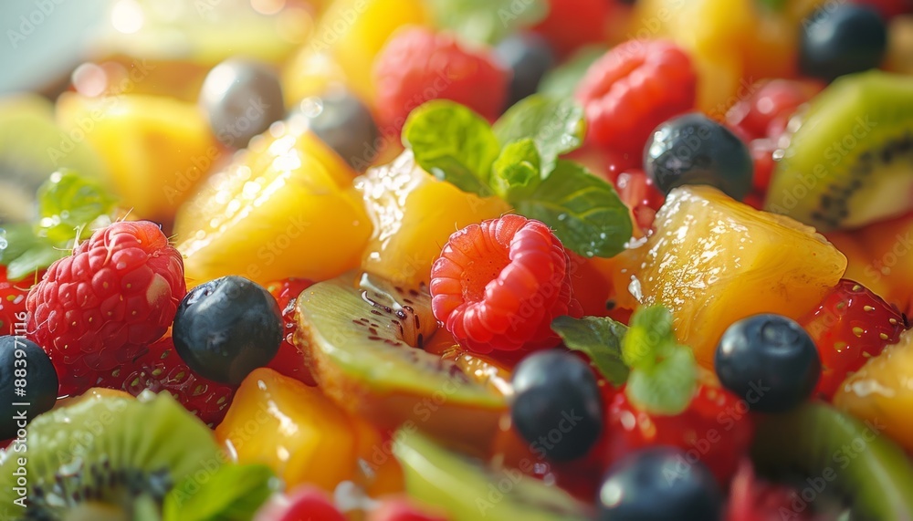 Close-up of a fresh and vibrant fruit salad featuring kiwi, berries, and peach, garnished with mint leaves for a refreshing look. Close-up of a fresh and vibrant fruit salad featuring kiwi, berries, and peach, garnished with mint leaves for a refreshing look.