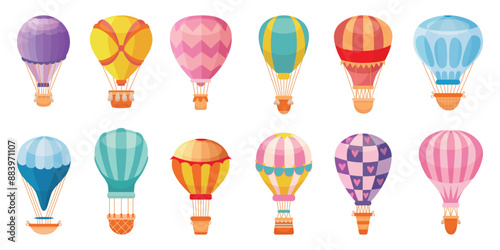 Cartoon hot air balloons. Travel balloon flying, adventure and sightseeing tourist transport with baskets. Vintage transportation neoteric vector set