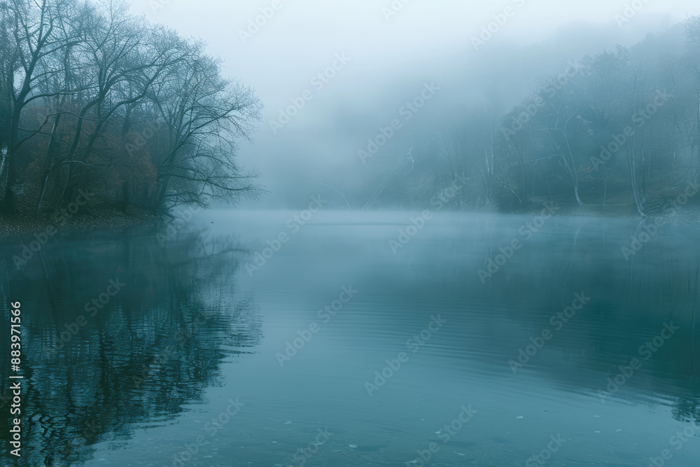 Mist hovers over tranquil lake creating serene atmosphere