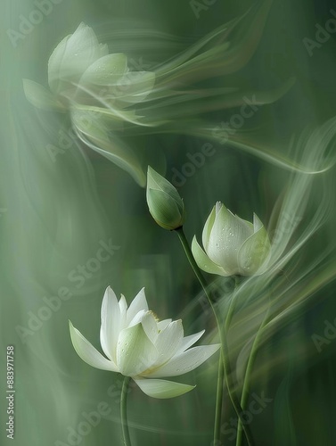 green background, a white lotus buds, water droplets, dewy petals, soft focus, blurred effect, vertical composition, serene, tranquil, nature, minimalistic, botanical, calm, elegant, fresh, green leav