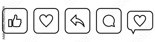Like, comment, share icon buttons and Thumbs up and love heart flat Black line art icon in modern speech bubble shapes , Social media notification icons. emoji post reactions set. Vector illustration